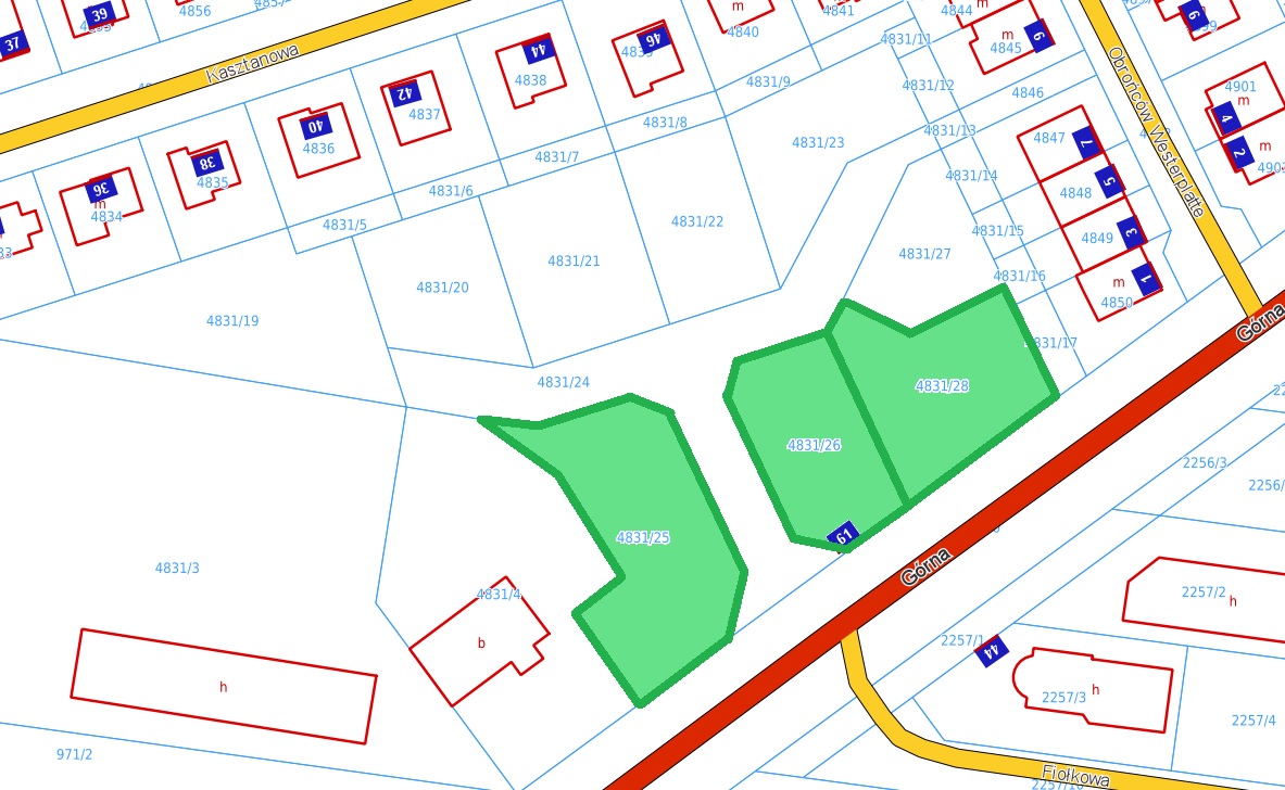 Mapa przedstawiająca 3 działki na sprzedaż znajdujące się na ul. Górnej w Siemiatyczach