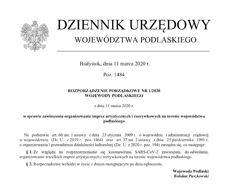 Rozporządzenie Porządkowe Wojewody Podlaskiego