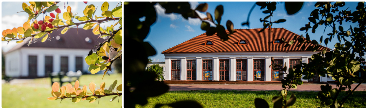 Kolaż dwóch zdjęć przedstawiających budynek dawnej oranżerii w Siemiatyczach