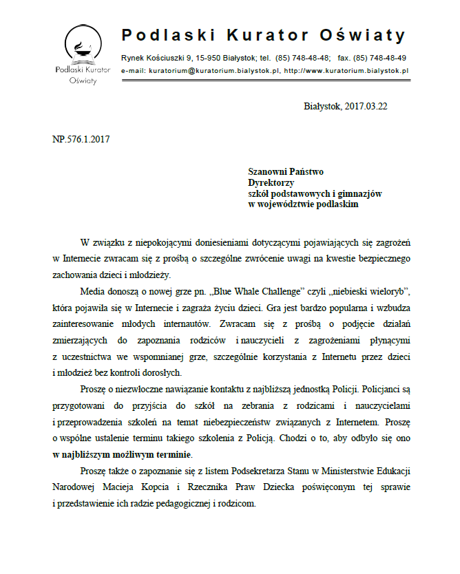 list podlaskiego kuratora oświaty