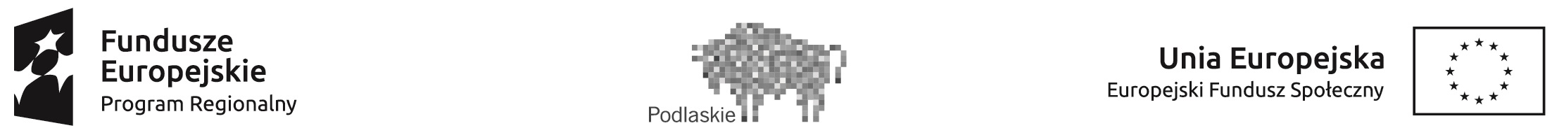 logotypy: Fundusze Europejskie, Podlaskie, Unia Europejska Europejski Fundusz Społeczny